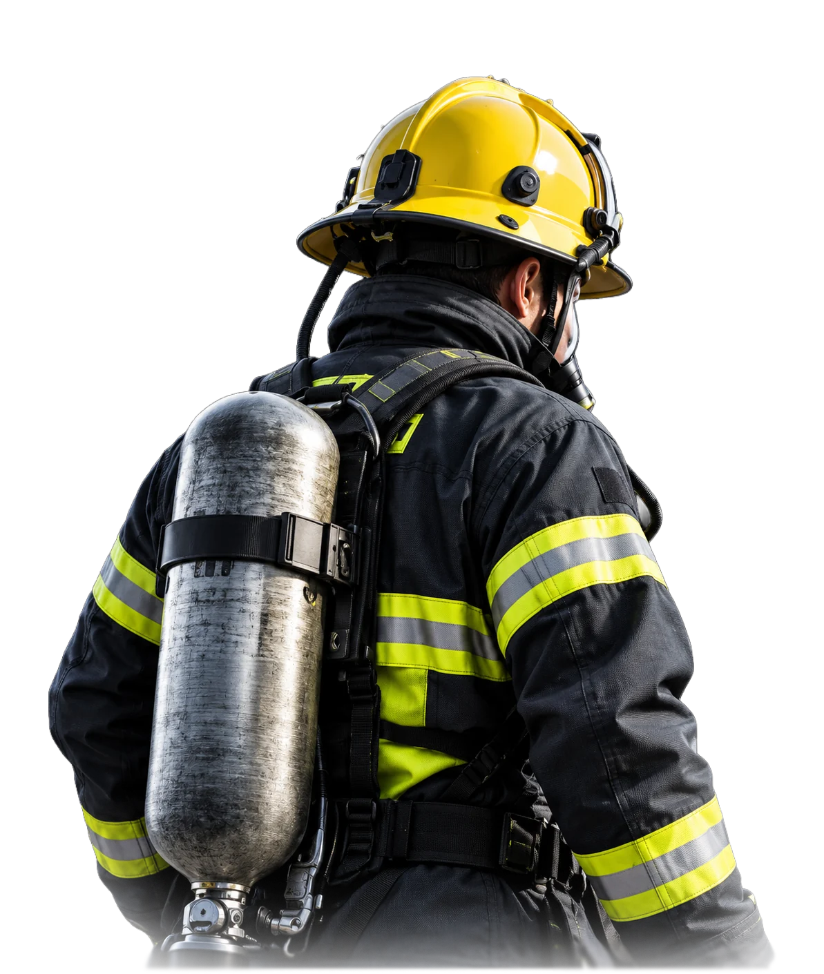 Fire professional wearing breathing apparatus